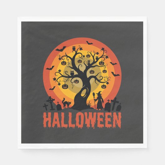 Halloween Haunted Tree Witch and Black Cats スタンダードランチョンナプキン (正面)