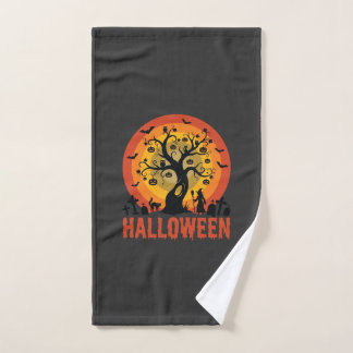 Halloween Haunted Tree Witch and Black Cats ハンドタオル