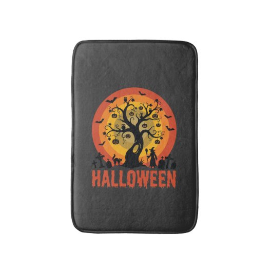 Halloween Haunted Tree Witch and Black Cats バスマット (正面縦)