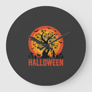 Halloween Haunted Tree Witch and Black Cats ラージ壁時計