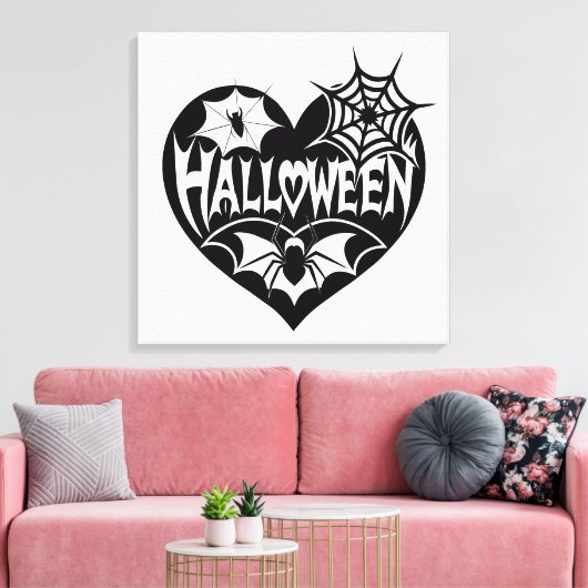 Halloween Heart, Black Heart Shape, Spider Web キャンバスプリント (インサイチュ (リビング))