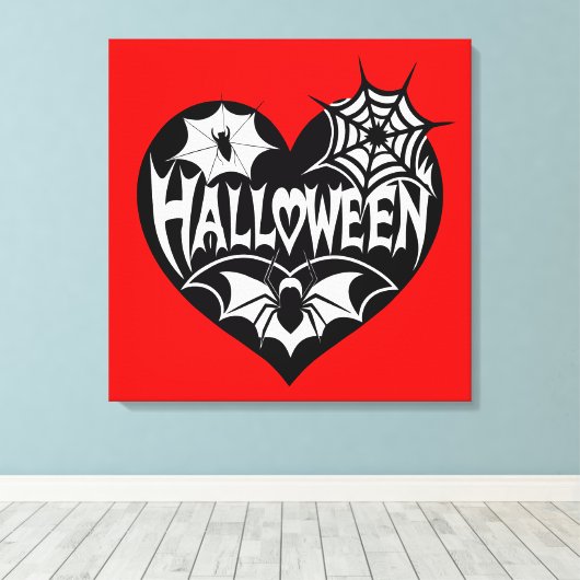 Halloween Heart, Black Heart Shape, Spider Web キャンバスプリント (インサイチュ (ウッドフロア))