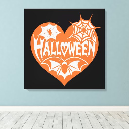 Halloween Heart, Orange Heart Shape, Spider Web キャンバスプリント (インサイチュ (ウッドフロア))