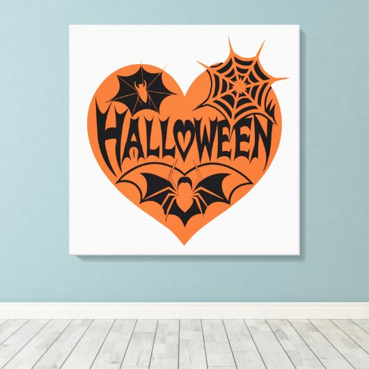 Halloween Heart, Orange Heart Shape, Spider Web キャンバスプリント (インサイチュ (ウッドフロア))