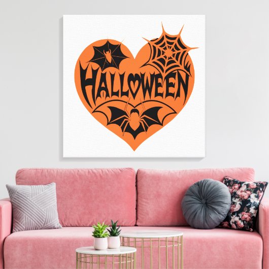 Halloween Heart, Orange Heart Shape, Spider Web キャンバスプリント (インサイチュ (リビング))