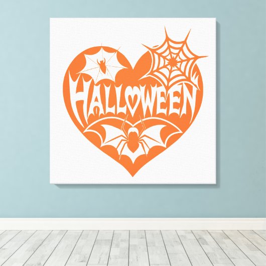 Halloween Heart, Orange Heart Shape, Spider Web キャンバスプリント (インサイチュ (ウッドフロア))