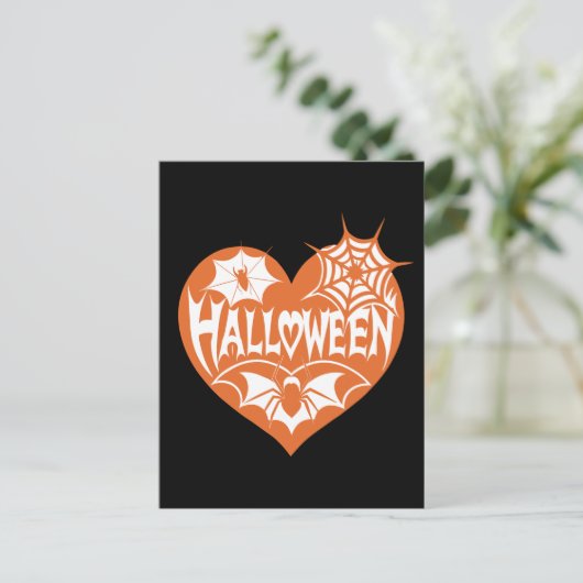 Halloween Heart, Orange Heart Shape, Spider Web ポストカード (スタンド正面)
