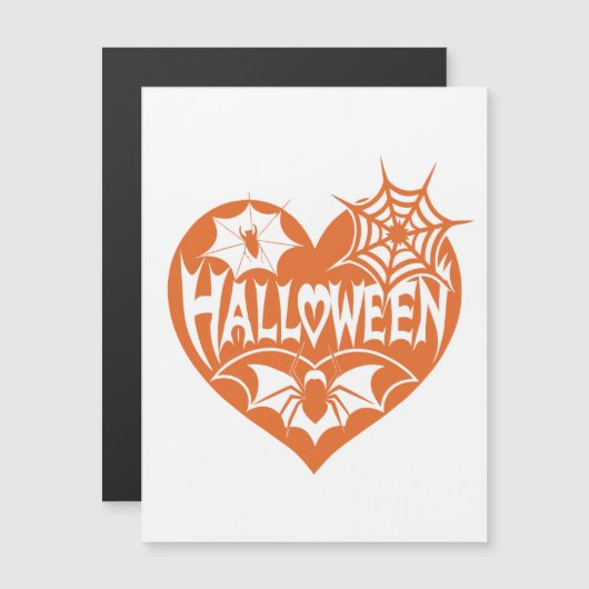 Halloween Heart, Orange Heart Shape, Spider Web マグネット招待状 (正面/裏面)