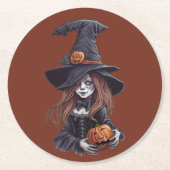 Halloween-Hexe mit Kürbis -  ラウンドペーパーコースター (正面)