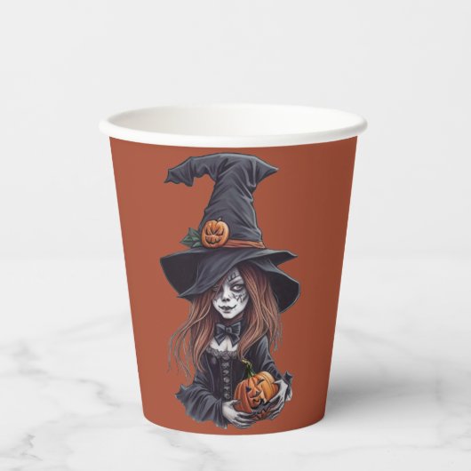 Halloween-Hexe mit Kürbis -  紙コップ (正面)