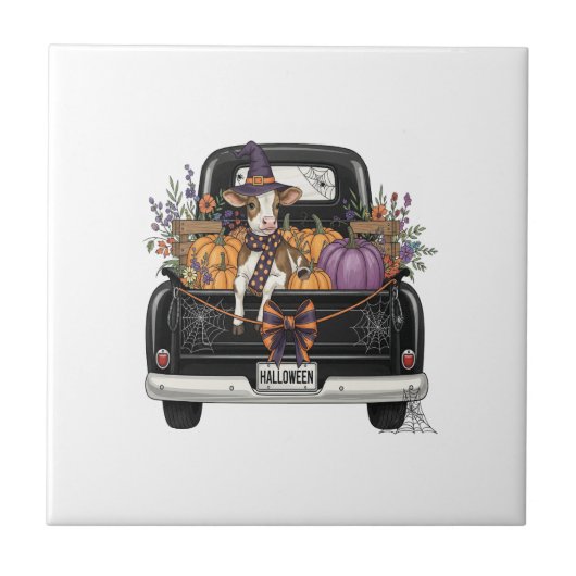 Halloween Highland Cow with Truck タイル (正面)