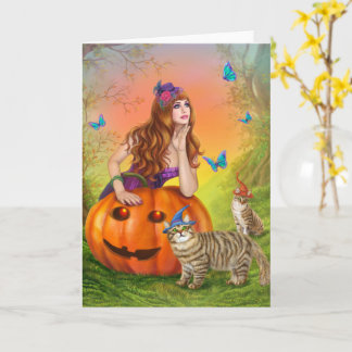 Halloween illustration A beautiful witch with cats カード