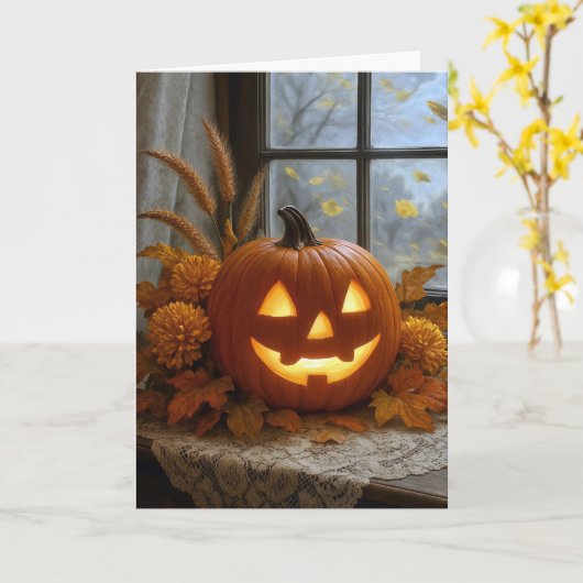 Halloween Jack-o-Lantern In Autumn Flowers カード (黄色い花)