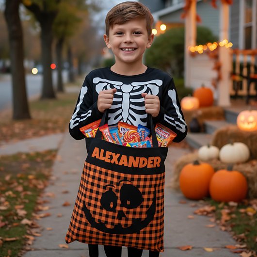 Halloween Jack-O-Lantern Orange & Black Plaid Name トートバッグ