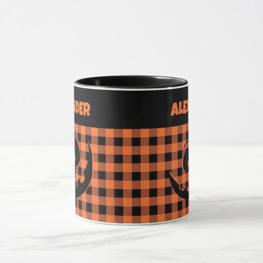 Halloween Jack-O-Lantern Orange & Black Plaid Name マグカップ (中央)