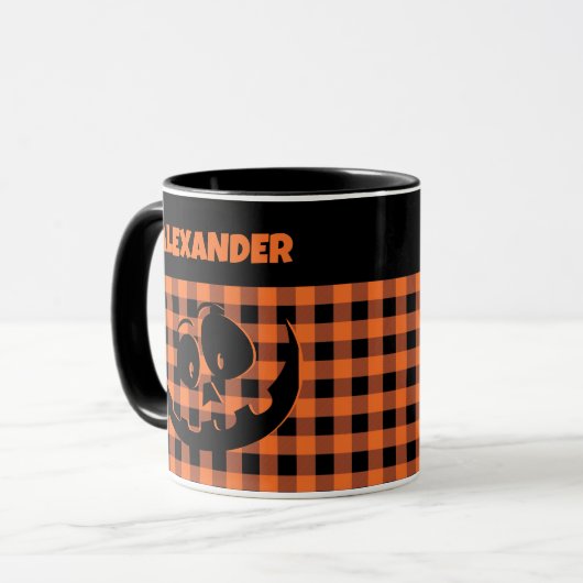 Halloween Jack-O-Lantern Orange & Black Plaid Name マグカップ (正面左)