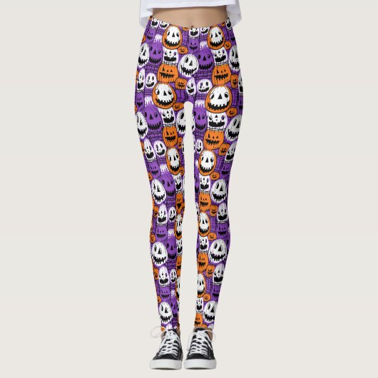 Halloween Jack-O’-Lantern - Purple, Orange, White レギンス (正面)