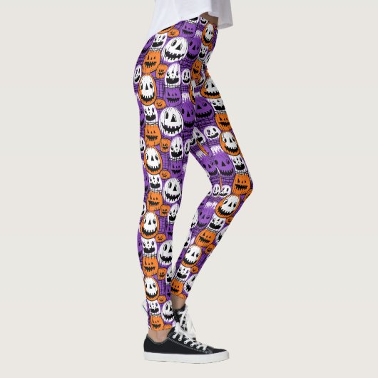 Halloween Jack-O’-Lantern - Purple, Orange, White レギンス (右)