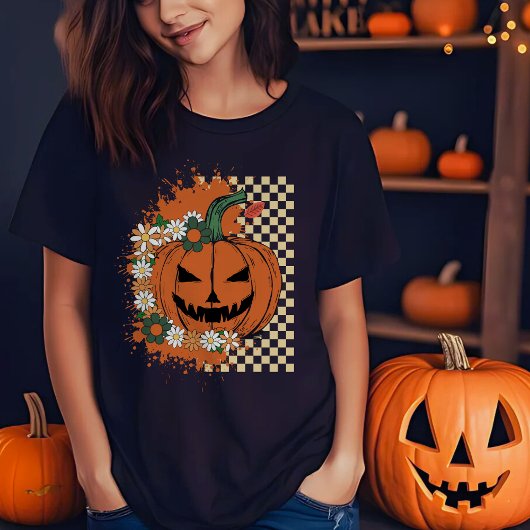 Halloween Jack-o-Lantern with Checkers and Flowers Tシャツ