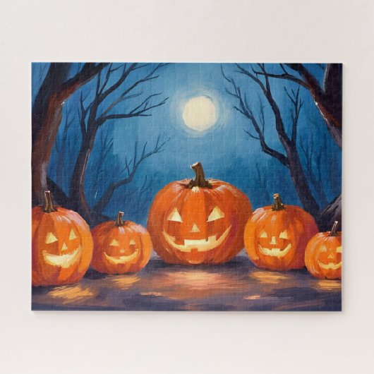 Halloween Jack-O-Lanterns Pumpkins Watercolor ジグソーパズル (横)