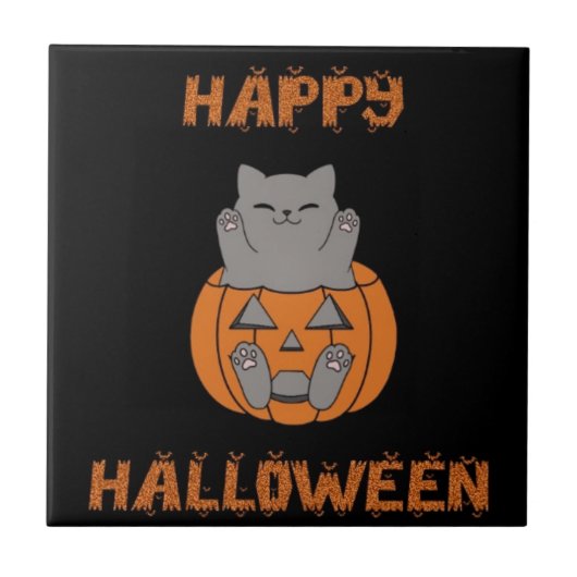 Halloween kat pompoen tegeltje タイル (正面)