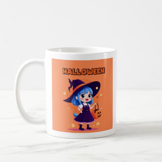 Halloween Kawaii Witch Mug – Blue Hair Pumpkin コーヒーマグカップ (左)