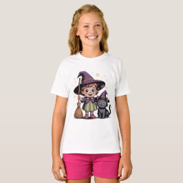 Halloween Kids Witch Girl Cat T-Shirt Tシャツ