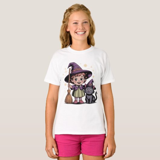 Halloween Kids Witch Girl Cat T-Shirt Tシャツ (正面フル)