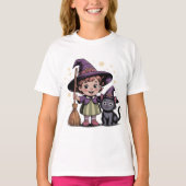Halloween Kids Witch Girl Cat T-Shirt Tシャツ (正面)