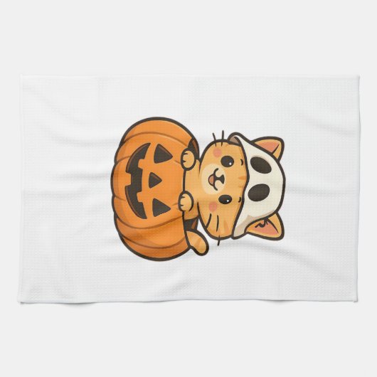 Halloween Kitty inside a pumpkin Classic T-Shirt キッチンタオル (横)