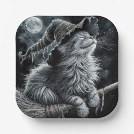 Halloween Kitty On Brromstick ペーパープレート