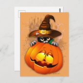 Halloween Kitty Witch and Pumpkin Friend Postcard ポストカード (正面/裏面)