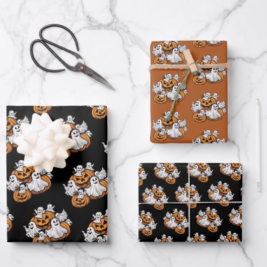 Halloween: Kleine Geister mit Kürbissen -  ラッピングペーパーシート (正面)