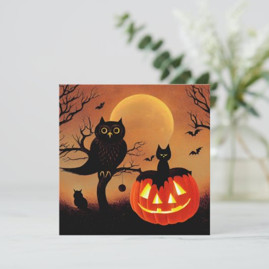Halloween Kürbis, Eule und Katze bei Nacht. カード (スタンド正面)