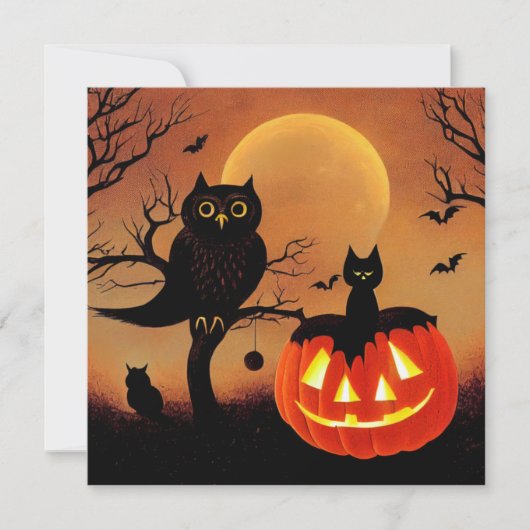 Halloween Kürbis, Eule und Katze bei Nacht. カード (正面)