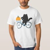Halloween Kürbis Katze auf Fahrrad Tシャツ (正面)