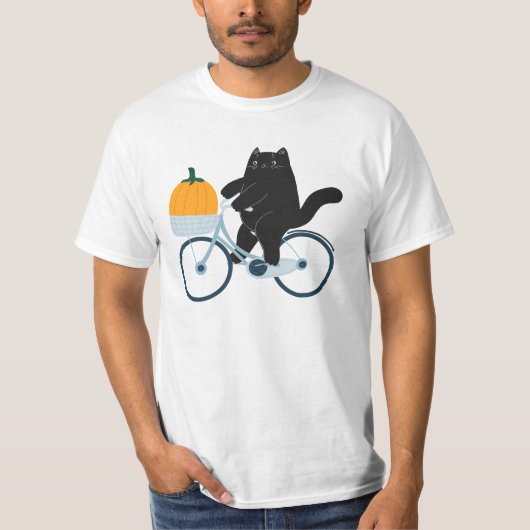 Halloween Kürbis Katze auf Fahrrad Tシャツ (正面)