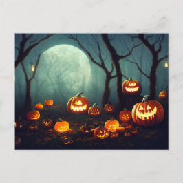 Halloween Kürbisse in einem Wald bei Vollmond. ポストカード