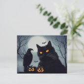 Halloween Kürbisse Katze und Rabe bei Vollmond. ポストカード (スタンド正面)