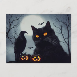 Halloween Kürbisse Katze und Rabe bei Vollmond. ポストカード