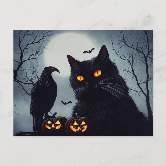 Halloween Kürbisse Katze und Rabe bei Vollmond. ポストカード (正面)