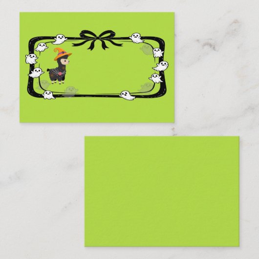 Halloween Llama Wearing Witch Hat Green プレイスカード (正面/裏面)