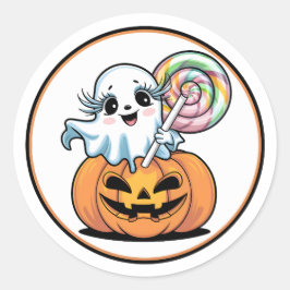 Halloween Lollipop Ghost On Pumpkin ラウンドシール