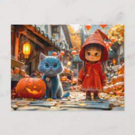 Halloween Magic with Pumpkins and Cat シーズンポストカード