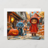 Halloween Magic with Pumpkins and Cat シーズンポストカード (正面/裏面)