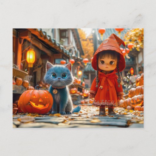 Halloween Magic with Pumpkins and Cat シーズンポストカード (正面)