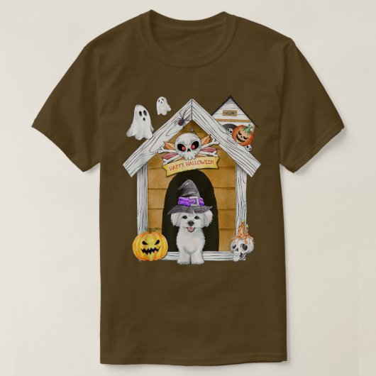 Halloween Maltese Dog Witch Haunted House403 Tシャツ (デザイン正面)