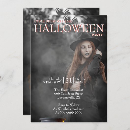 Halloween Modern Gothic Witch Brewing Dark Photo 招待状 (正面/裏面)