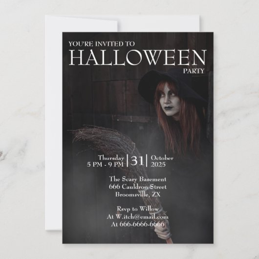 Halloween Modern Gothic Witch Broom Dark Barn 招待状 (正面)
