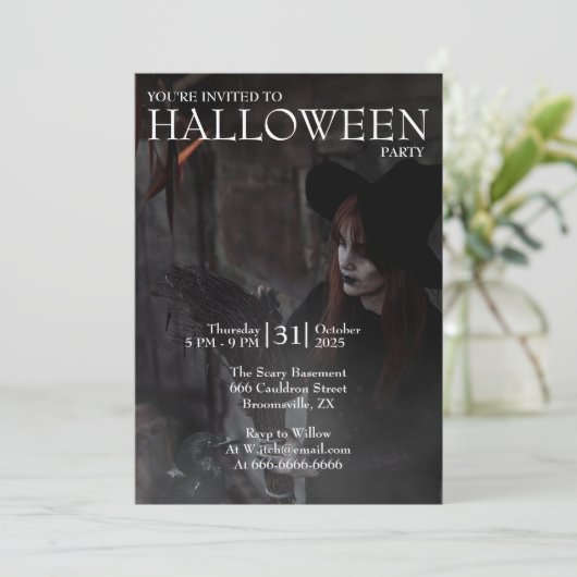 Halloween Modern Gothic Witch Broom Dark Photo 招待状 (スタンド正面)
